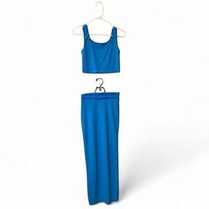 Women's Blue Ribbed 2 Piece Crop Tank Top & Maxi Skirt Boutique Set Size Medium